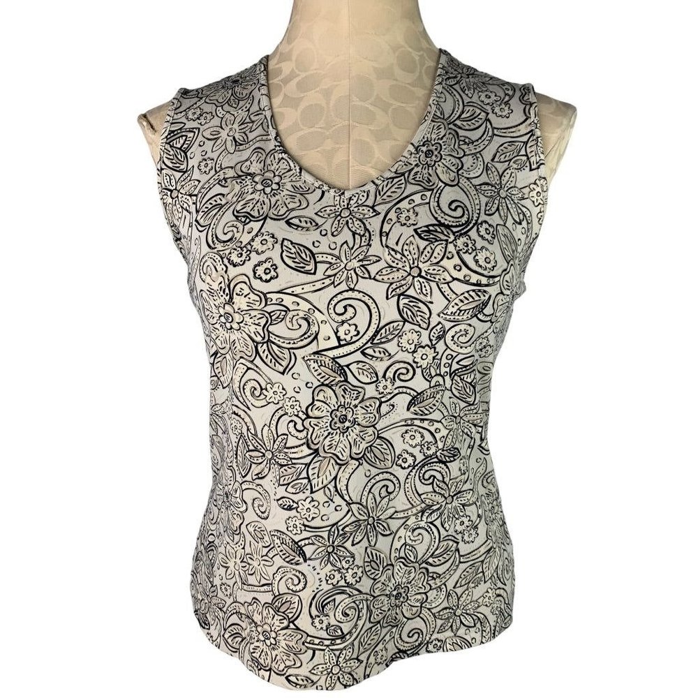 Small Croft & Barrow Women's V-Neck Sleeveless Stretch Tank Tan Black Floral